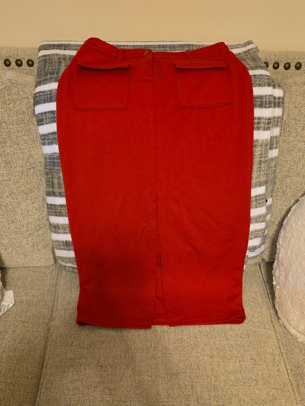 Tailored Red Pencil Skirt with Dual Flap Pockets